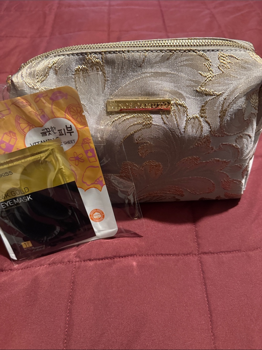 Vince Camuto Gold Jacquard Floral Cosmetic Pouch